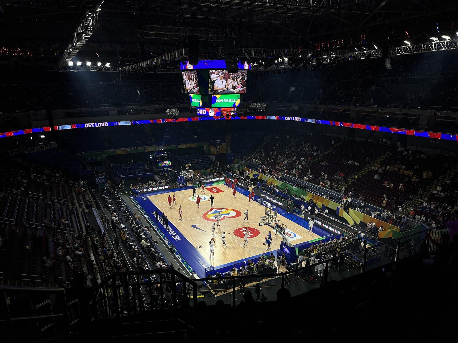 The Mall of Asia Arena court seen from the upper deck, dressed in FIBA World Cup branding